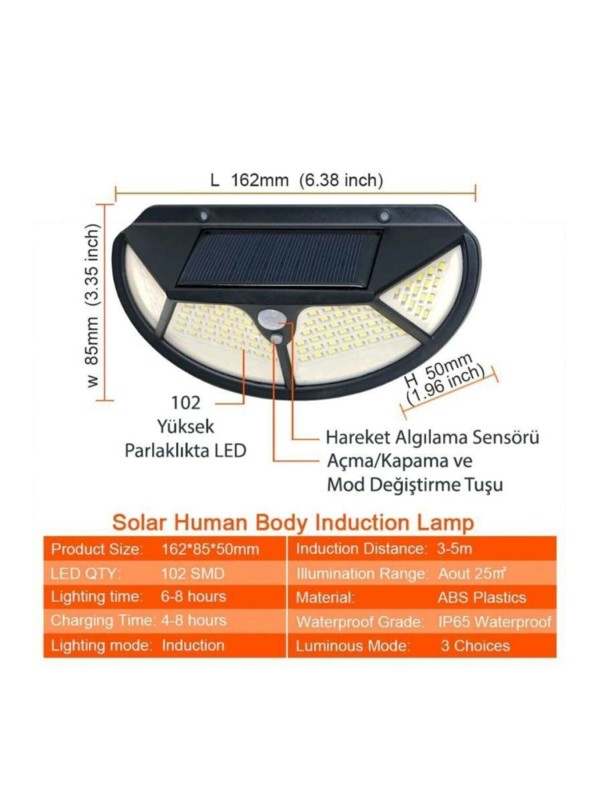 Solar%20Güneş%20Enerjili%20102%20Ledli%203%20Modlu%20Hareket%20Sensörlü